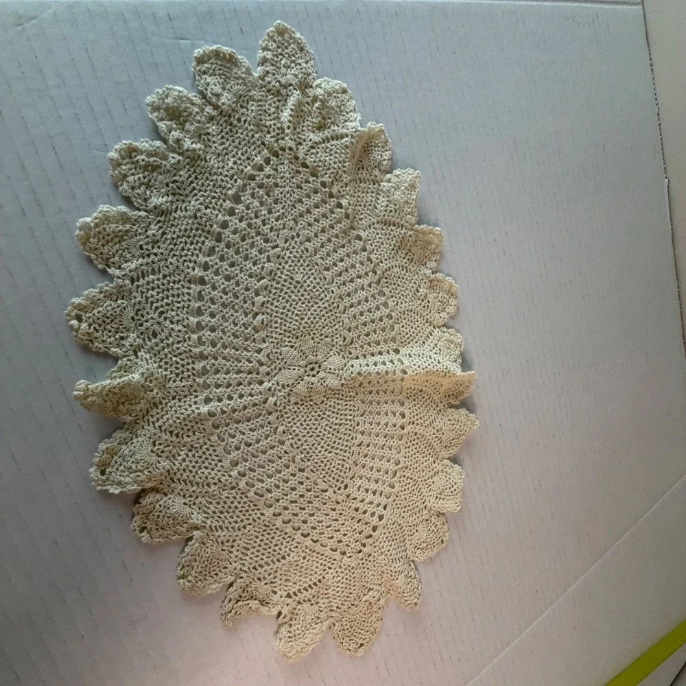 Vintage Beige Crochet Doilie Oval Victorian Lace Floral Cottagecore Centerpiece